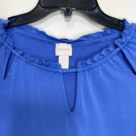 CHICO'S Top Size 1‎ Medium Periwinkle Cutout Ruffle Neck Womens Shirt Size M - Picture 3 of 10